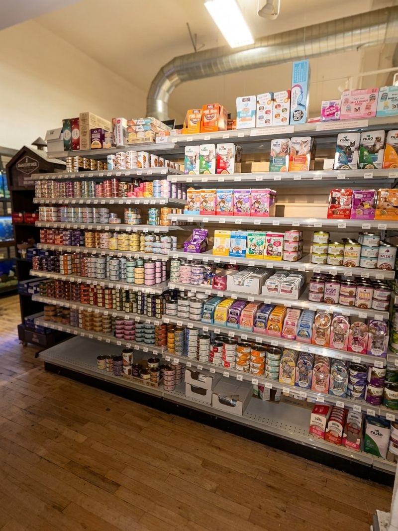 A long run of canned and wet cat and dog food