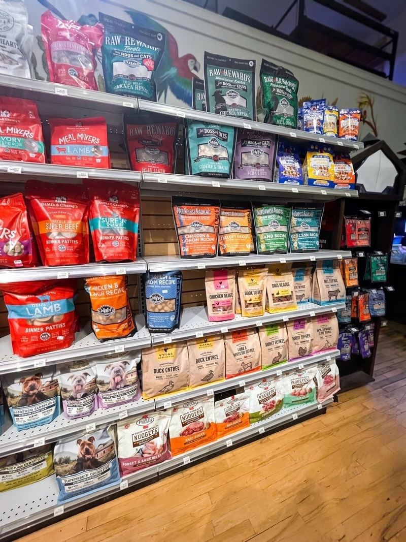 Shelves of Stella & Chewy’s, Primal and other freeze-dried and raw food